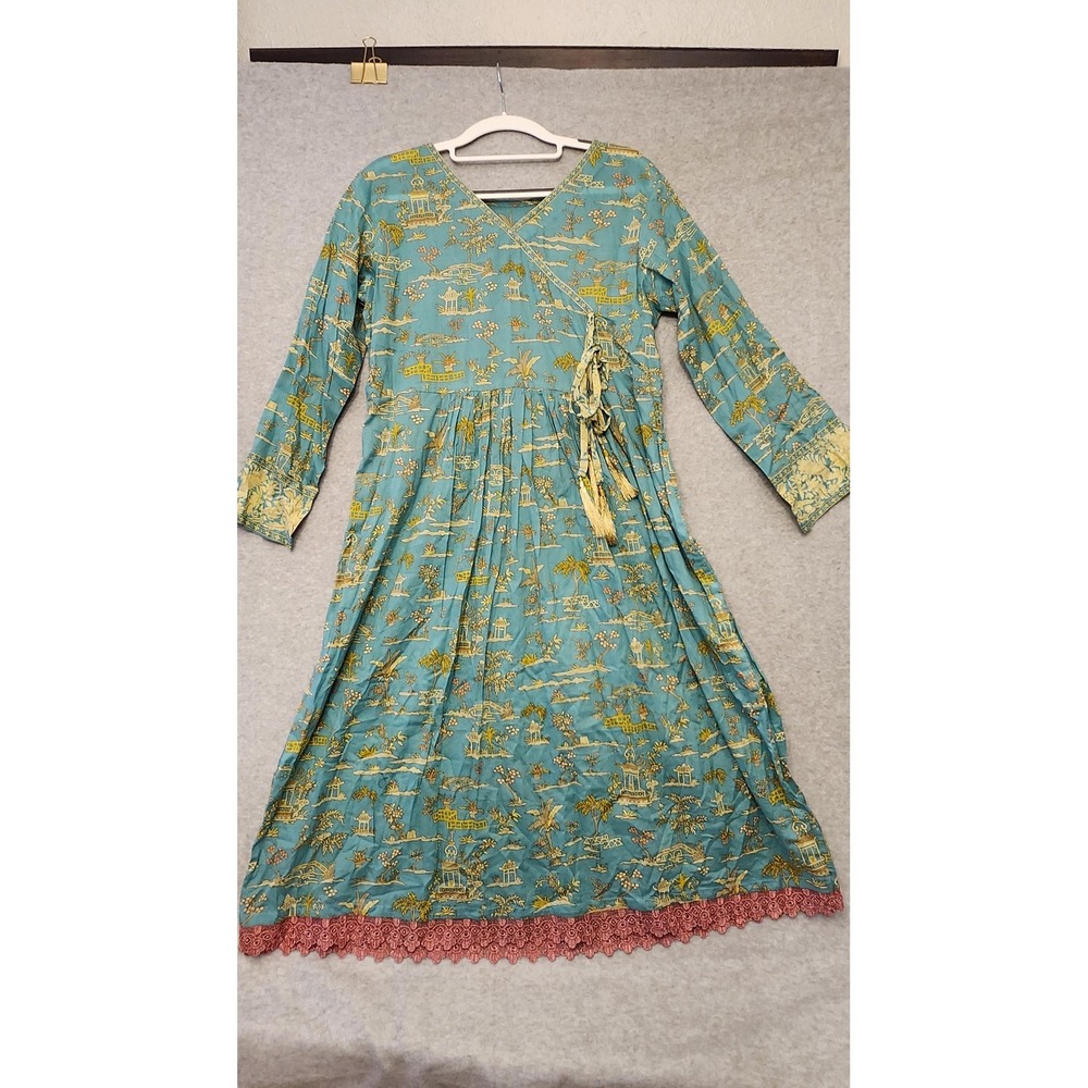 Boho Dress Womens Medium Teal Scenic Print Long Sleeve Tassel Lace Hem